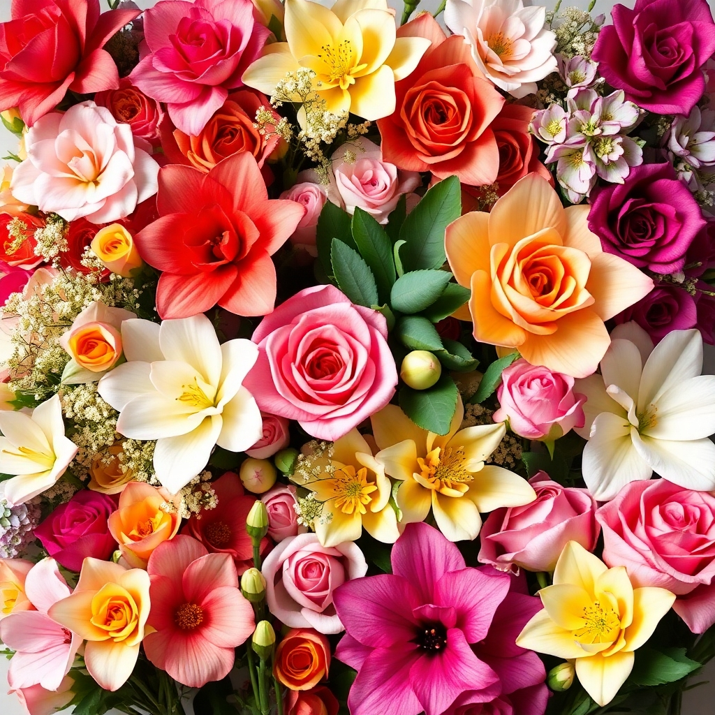 A photorealistic image of a diverse collection of stunning floral bouquets. Show a variety of exotic flowers, showcasing their textures and colors. Use soft and elegant lighting to highlight the details of each bouquet. The style should be elegant and modern. The image must showcase a wide variety of choices. Resolution: 4K, high-quality rendering.