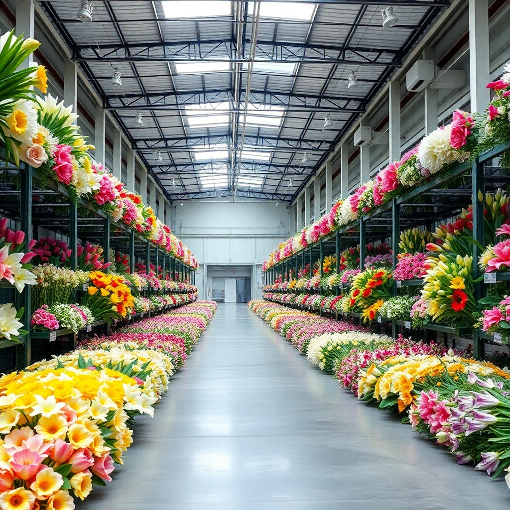 A photorealistic image of a large-scale floral warehouse or cold storage facility, showcasing a wide variety of exotic flowers in various stages of preparation. The lighting should be bright and clean. The style should be industrial yet elegant, highlighting the quality and quantity of the flowers. The image should convey a sense of organization, efficiency, and quality. Resolution: 4K, high-quality rendering.
