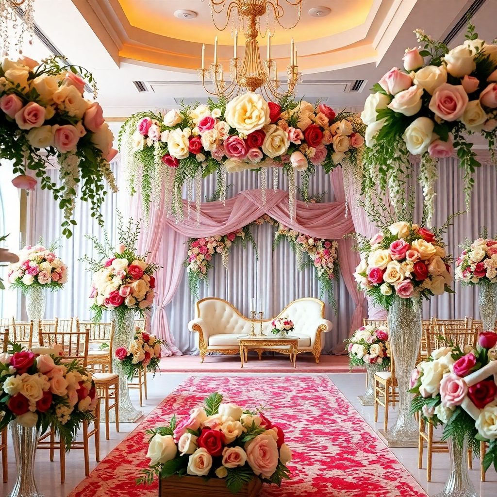 A photorealistic image of a luxurious wedding setting adorned with elegant floral arrangements. The lighting should be soft and romantic, with a focus on the details of the flowers. The style should evoke a sense of romance and elegance, emphasizing the beauty of the flowers. The image should feature a wide variety of floral arrangements including bouquets, centerpieces, and mandaps. Resolution: 4K, high-quality rendering.