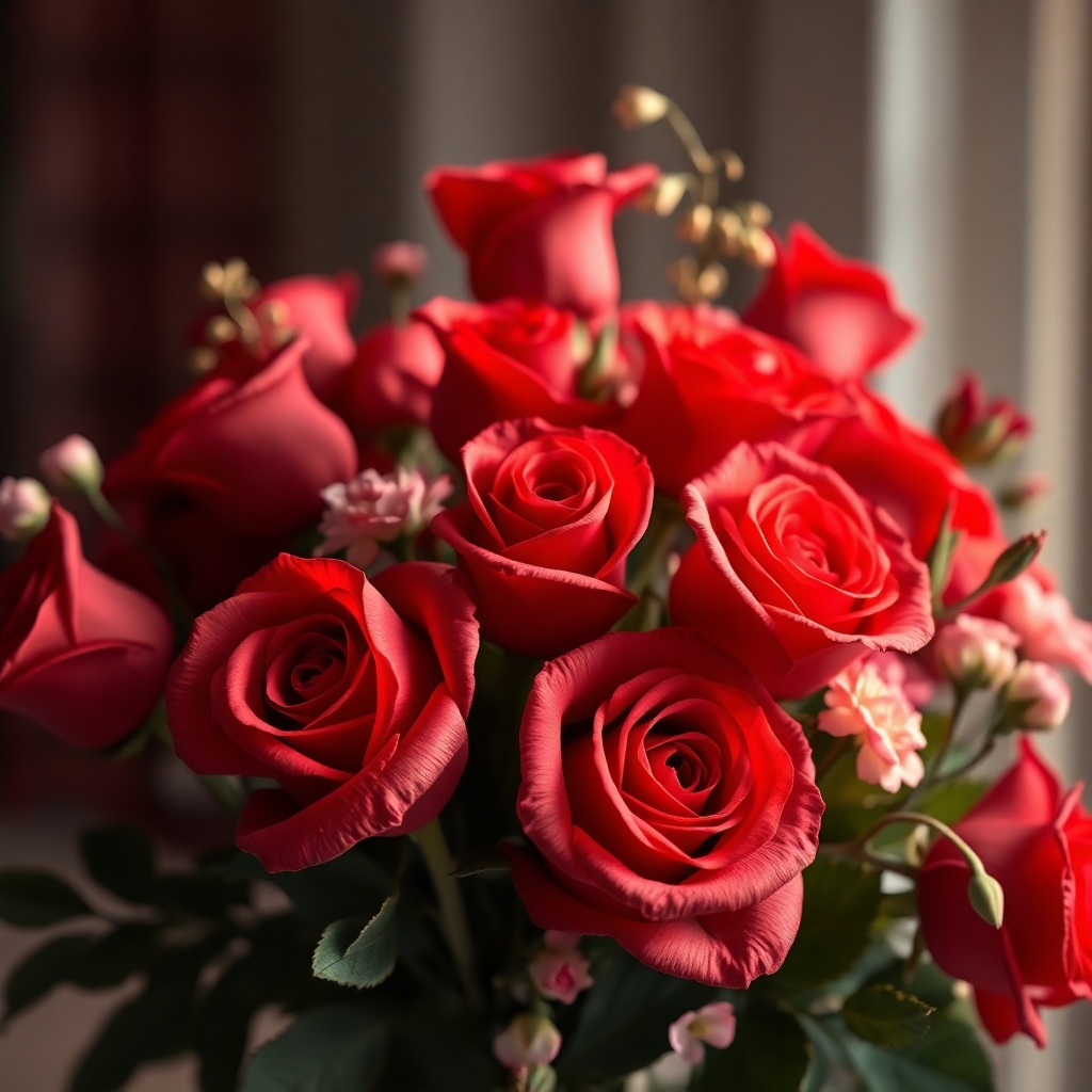 A photorealistic image of a stunning arrangement of red roses and other romantic flowers, suitable for Valentine’s Day. The lighting should be soft and romantic, focusing on the details and textures of the flowers. The style should be intimate and romantic. The image should convey feelings of love and romance. Resolution: 4K, high-quality rendering.