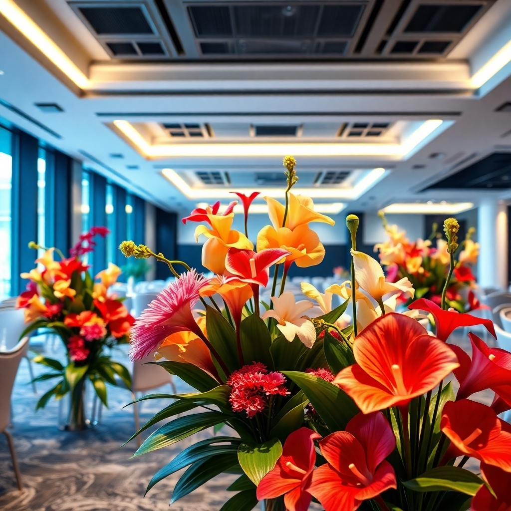 A stylized, photorealistic image of a modern corporate event space. Focus on several arrangements of exotic flowers, such as gerberas, orchids and anthuriums, strategically placed throughout the room. The image should feature a mix of soft and dramatic lighting, emphasizing the textures and colors of the flowers. The style should be elegant and modern, reflecting a sophisticated event. The color palette should be corporate-friendly yet vibrant, with neutrals contrasted with the rich tones of the flowers.  The camera angle should be wide, showing the space in its entirety, while keeping a sharp focus on the floral displays. The image must convey a sense of professionalism and sophistication. Resolution: 4K, high-quality rendering.